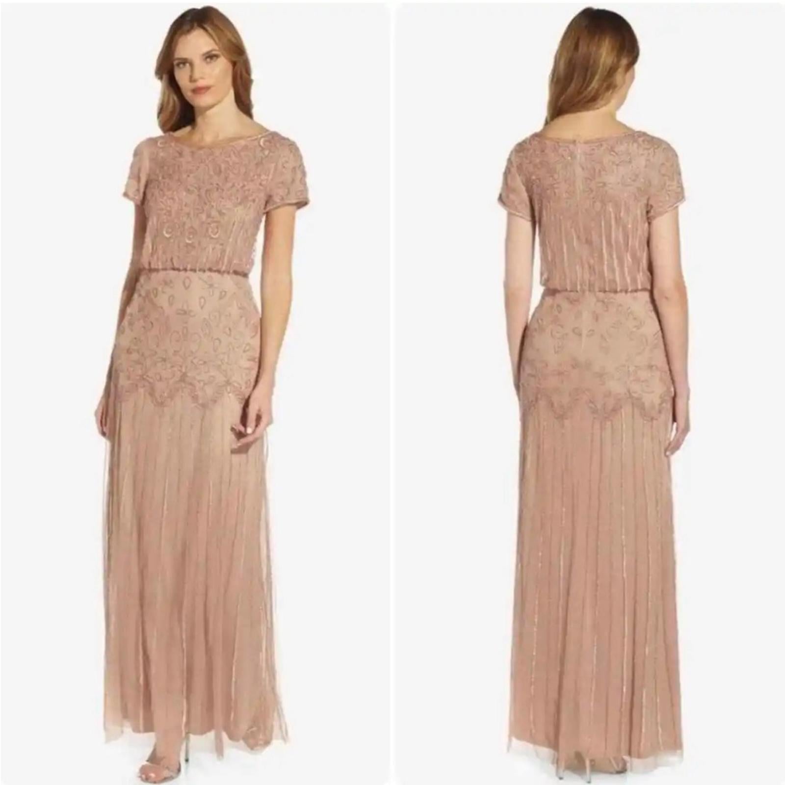 Adrianna Papell Short Sleeve Beaded Gown, Rose Gold Plus Size 20W New w/Tag