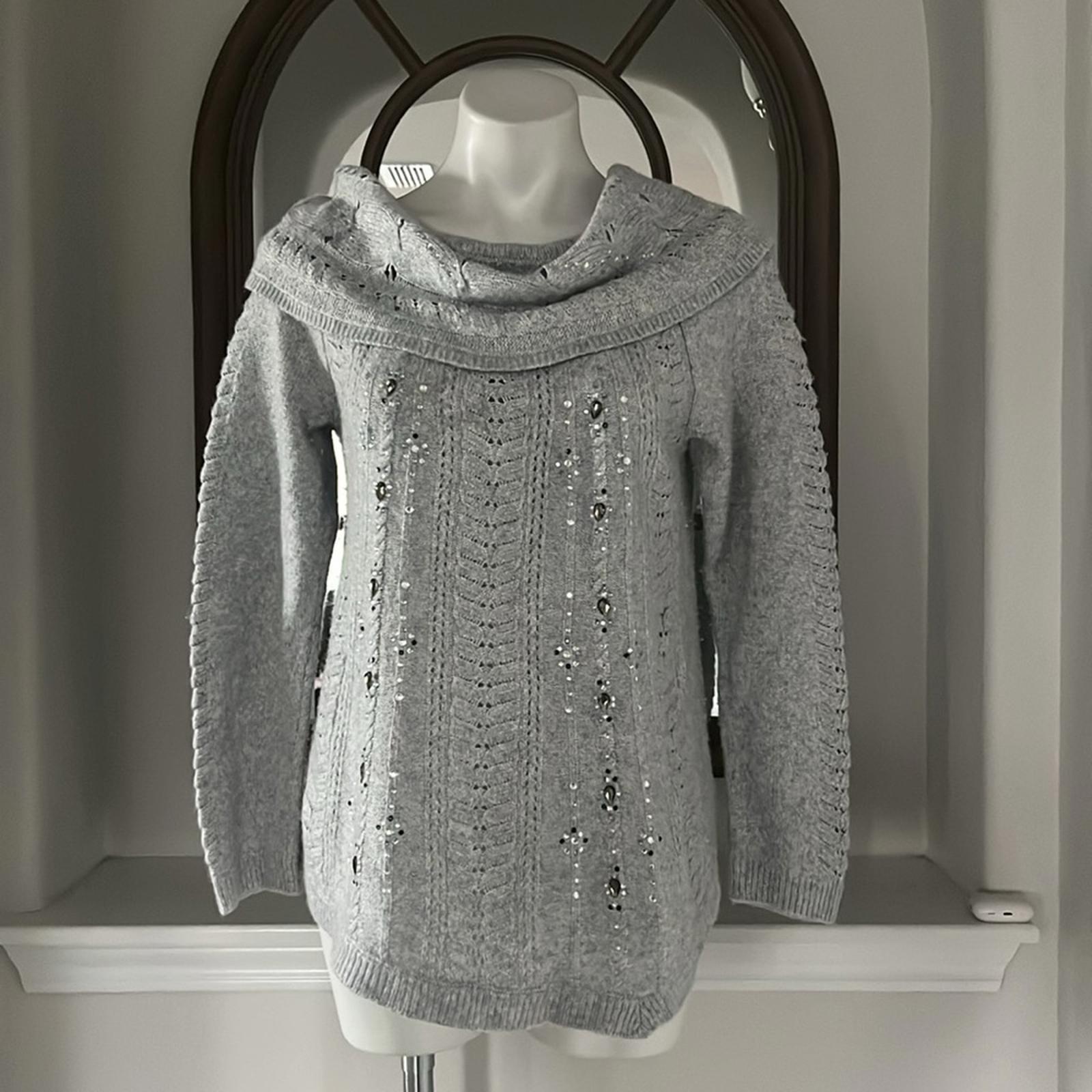 WHBM Embellished Cowl Neck Pullover in Heather Grey, Size L EXCELLENT!