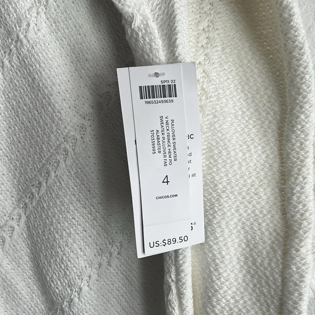 Chico's Crew Neck Fringe Hem Sweater V-Neck in Alabaster/White, NWT, Size 4/XXL