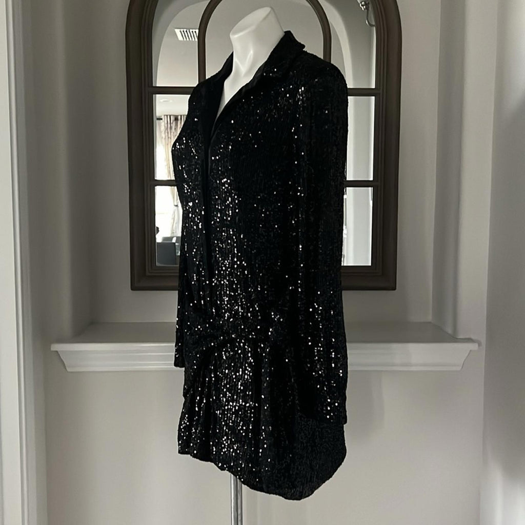 Parker Black Faux Wrap Button Front Mini Dress, Sequin Black Size S