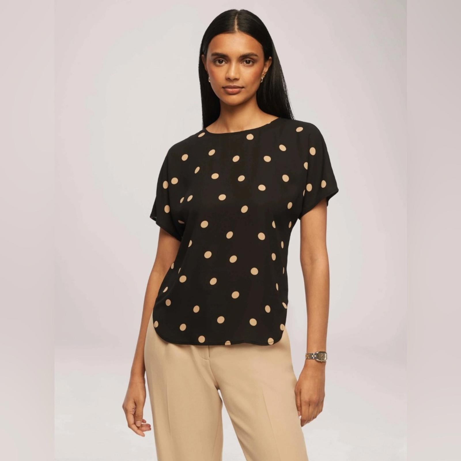 Anne Klein Large Dot Bateau Neck Short Sleeve Blouse, NWT, Size M