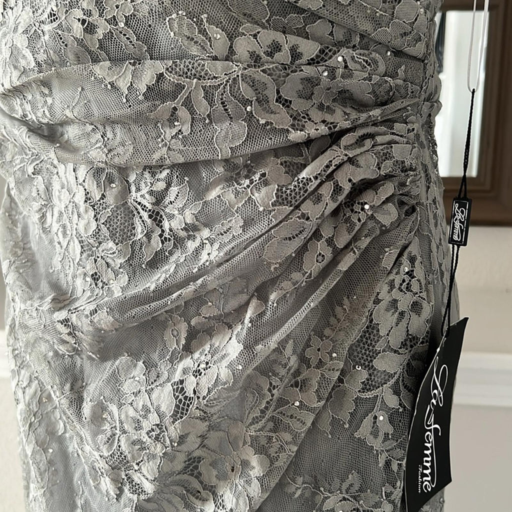 La Femme Lace Off the Shoulder Cap Sleeve Evening Dress in Platinum Size 16 NWT