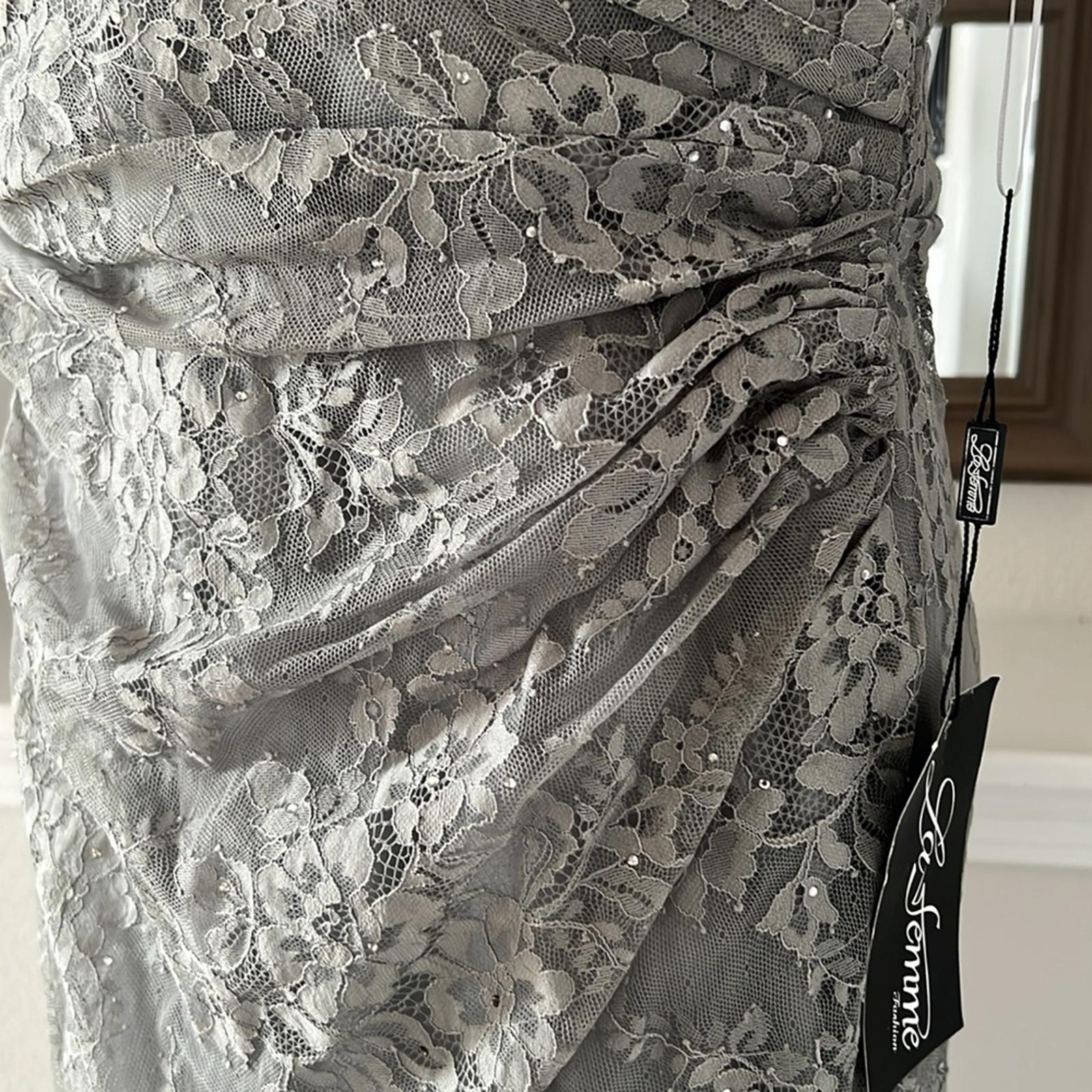 La Femme Lace Off the Shoulder Cap Sleeve Evening Dress in Platinum Size 16 NWT
