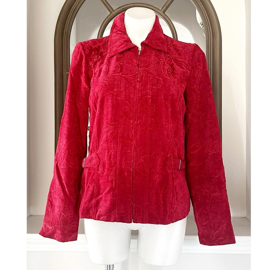 Christopher & Banks Floral Corduroy Front Zip Jacket in Red, Size L EXCELLENT