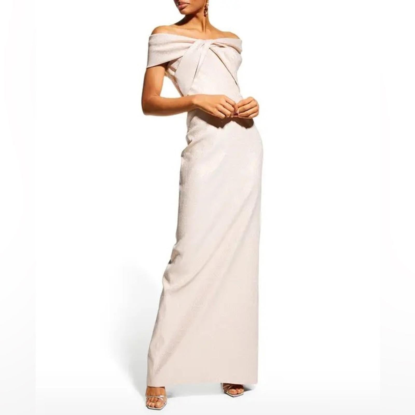 Teri Jon Metallic Jacquard Off-the-Shoulder Champagne Gown Size 4 NEW w/Tag