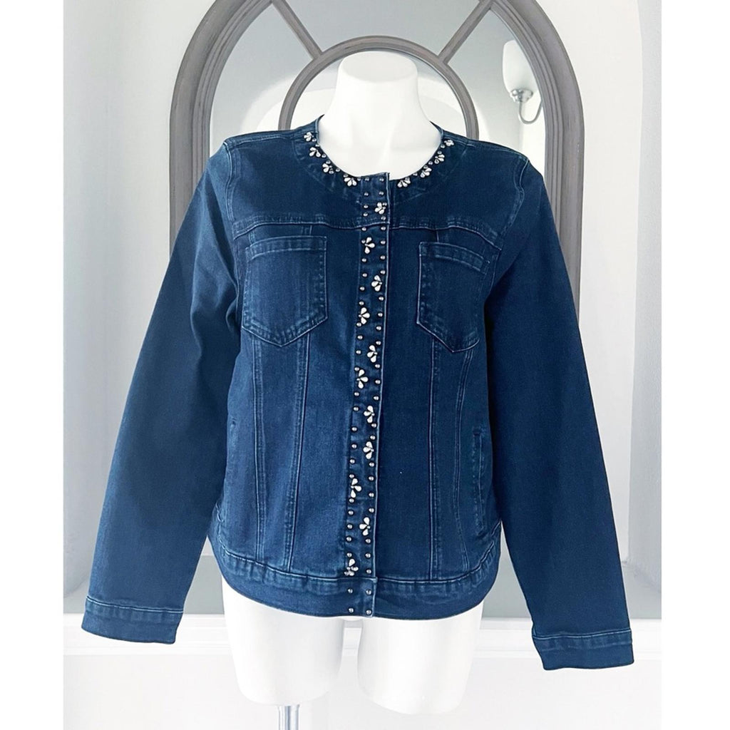 LAURA Embellished Snap-Button Front Jean Jacket, Blue Size 14 New w/Tag