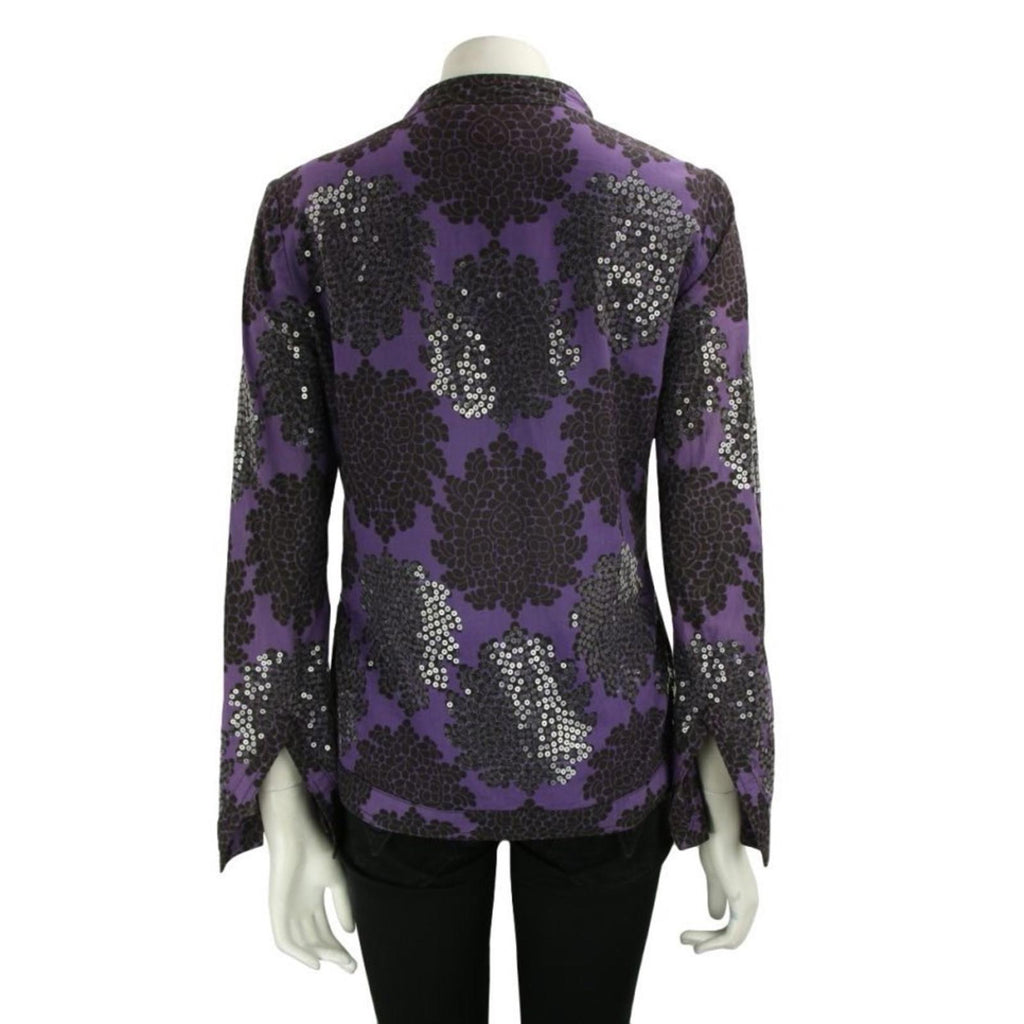 Tory Burch Black Flowers Blouse, Tunic in Purple Grey Size 8