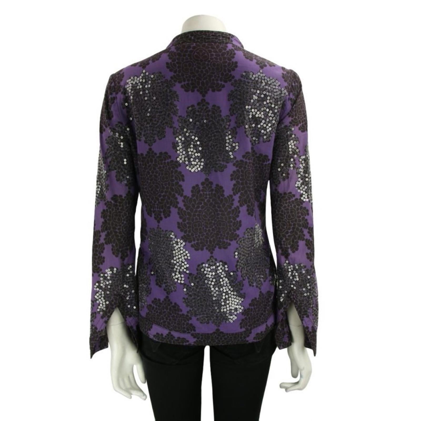 Tory Burch Black Flowers Blouse, Tunic in Purple Grey Size 8