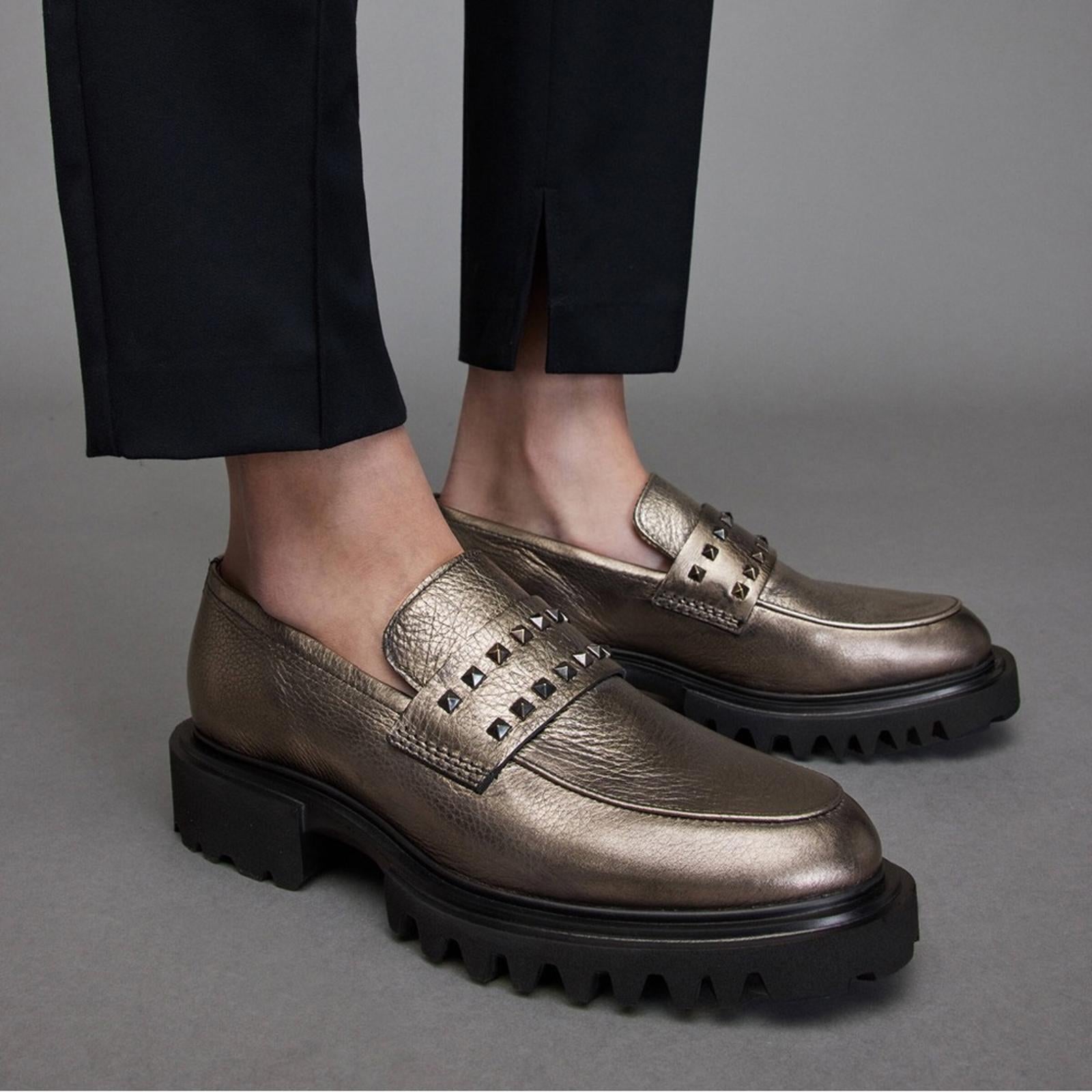 AllSaints Lola Studded Apron Toe Loafers, Pewter Size EU41 (Sold Out) New in Box