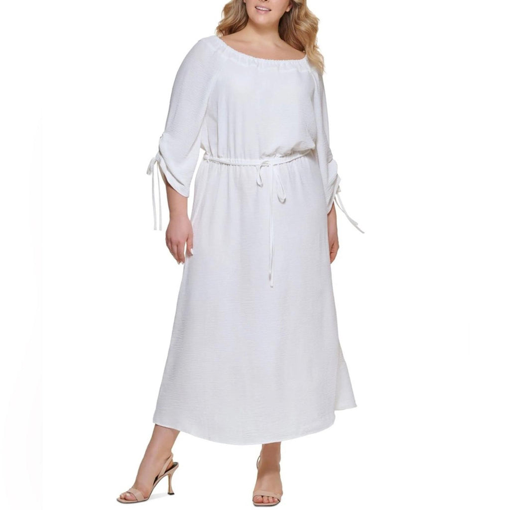 Calvin Klein Off-The-Shoulder Blouson Maxi Dress in Cream White, NWT, Size 18