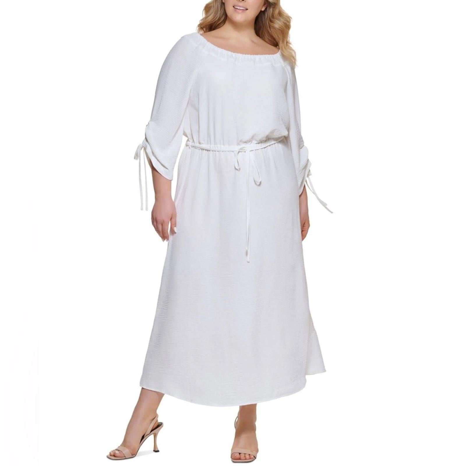 Calvin Klein Off-The-Shoulder Blouson Maxi Dress in Cream White, NWT, Size 18