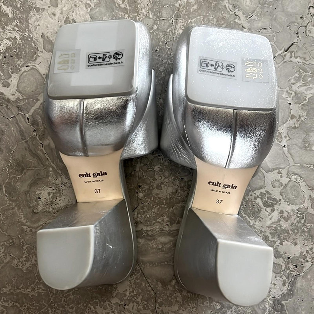 Cult Gaia Nadia Platform Sandals in Shiny Silver, NWT, Size EU 37