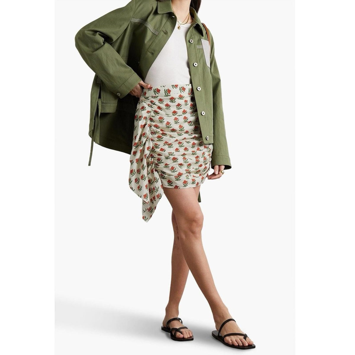 RHODE Hannah Draped Ruched Floral Cotton-Voile Mini Skirt, Size XL New w/Tag