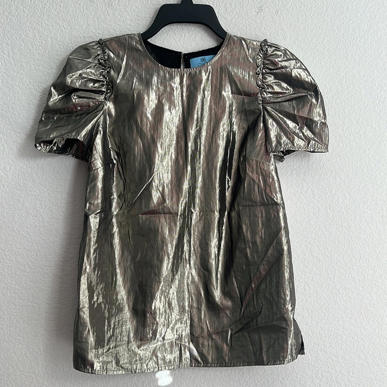 CeCe Silver Shimmer Pouf Jewel Neck Top, Size XXS, NEW