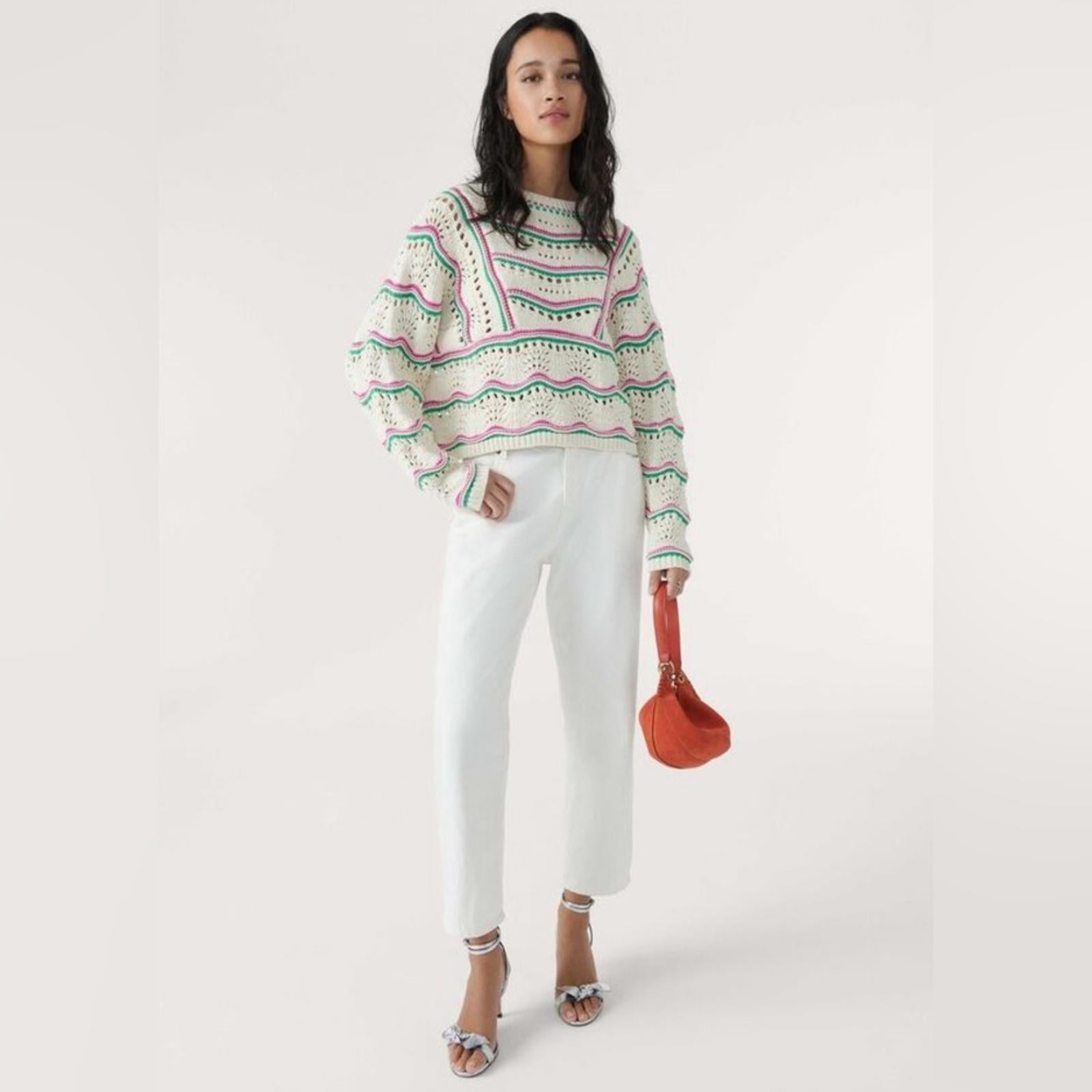 ba&sh Ecru Hicham Jumper Stripe Pointelle Sweater, Ivory Size XS Retail $336