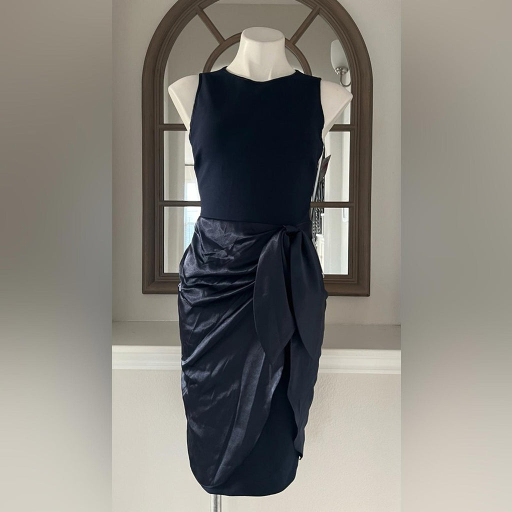Betsy & Adam Satin Sarong Crepe Dress in Navy, Size 2 New w/Tag Retail $199