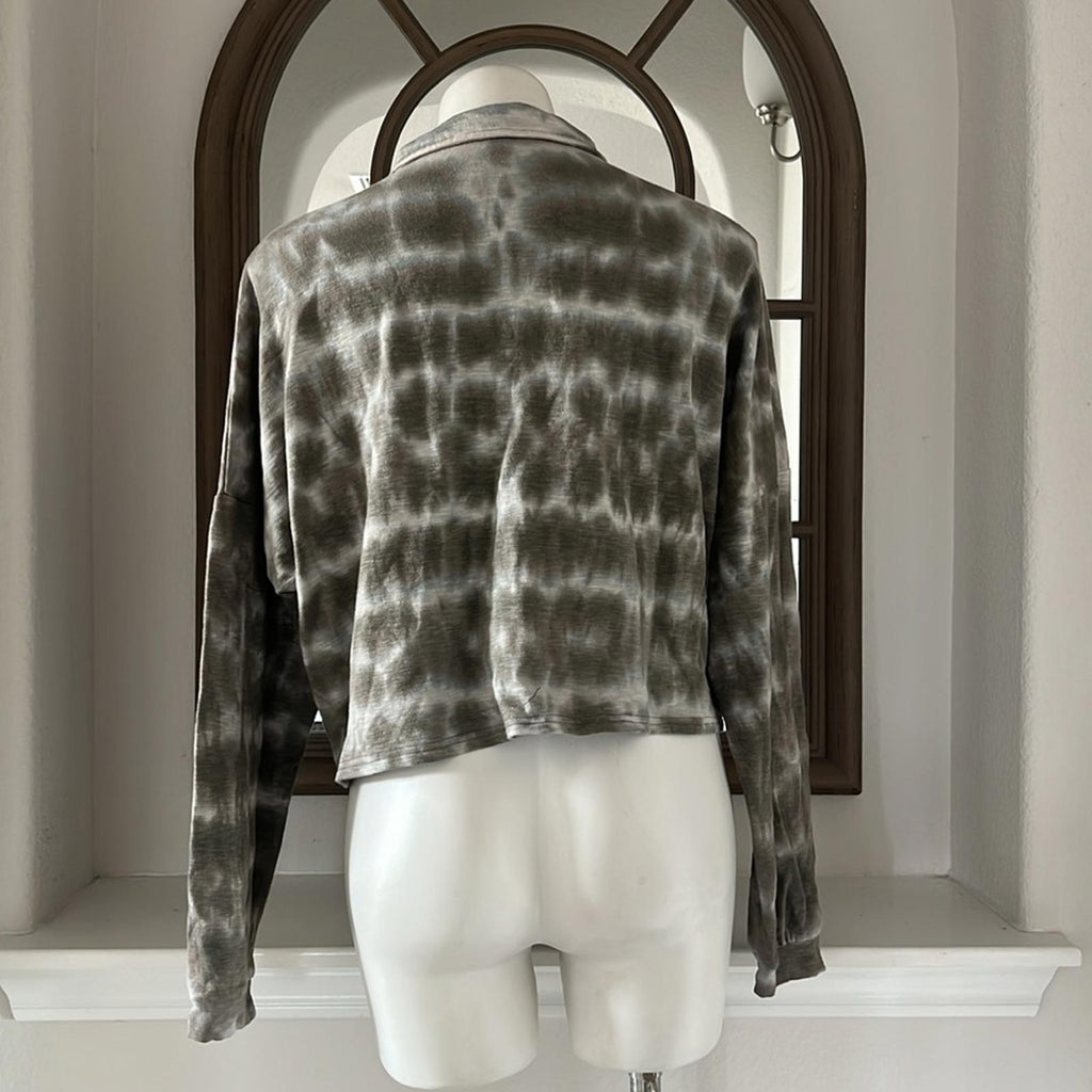 Olivaceous Tie-Dye Cropped Top Polo Long Sleeve Shirt, EXCELLENT!