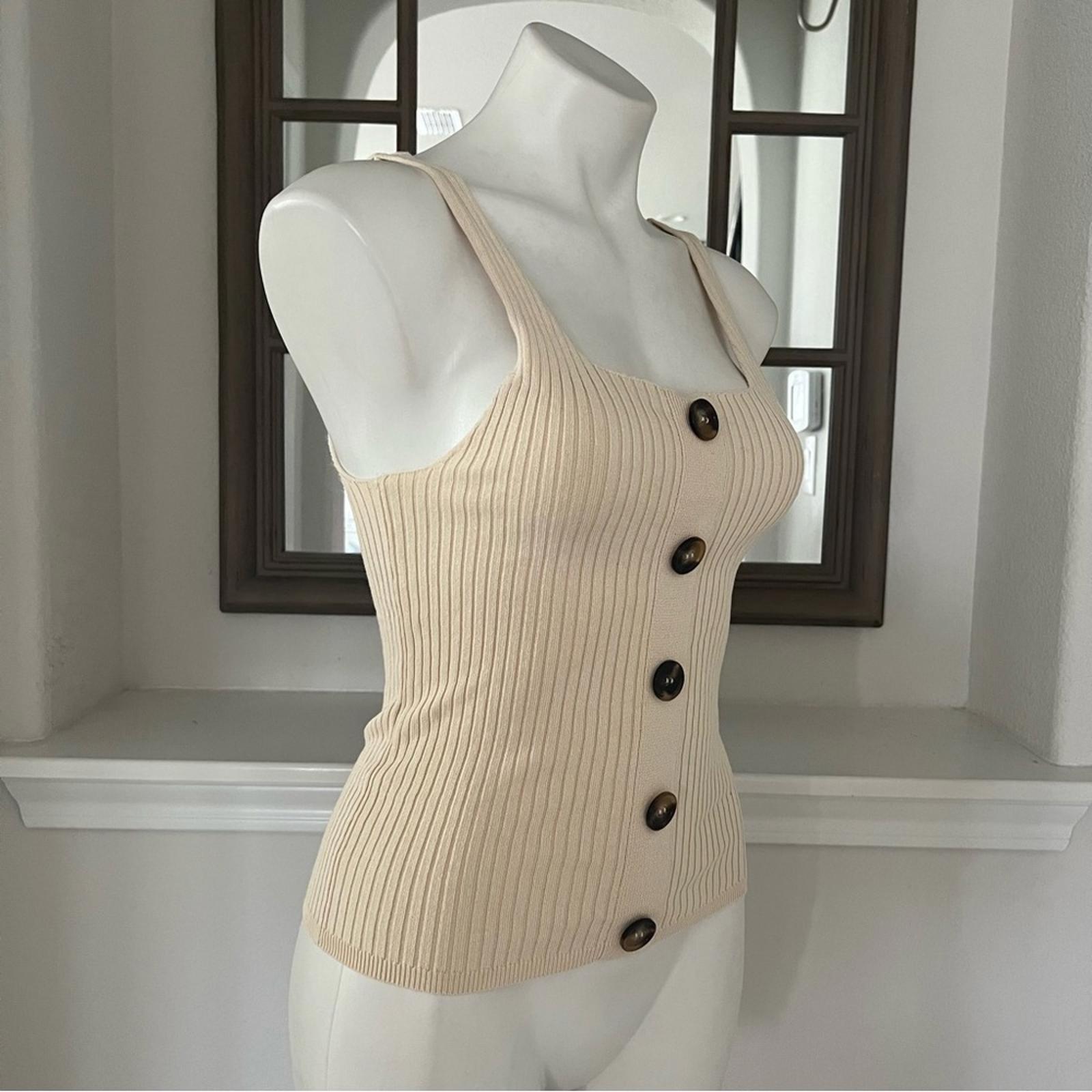Line & Dot xRevolve Beige Ribbed Cropped Tank Top with Button Detail, Size S