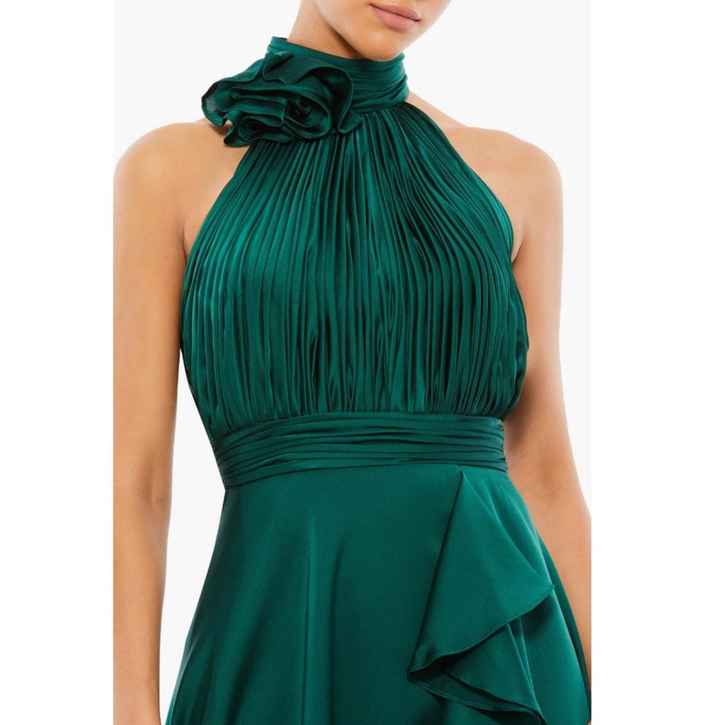 Mac Duggal Pleated Bodice High-Low Satin Cocktail Dress in Emerald Green NWT