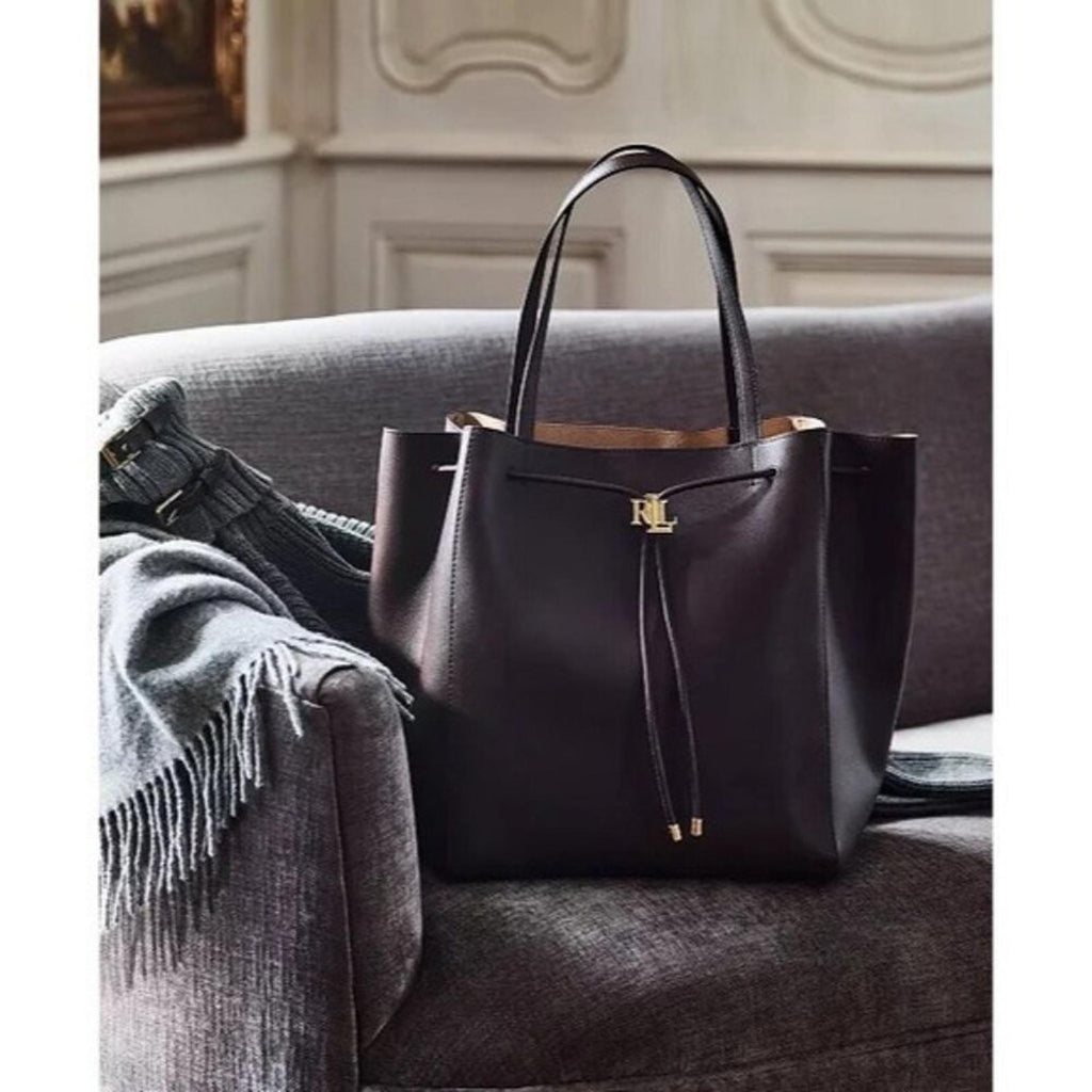 NEW Lauren Ralph Lauren Andie Large Leather Drawstring Tote in Black New w/o Tag