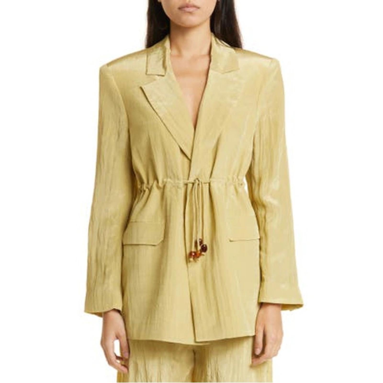 Ganni Bead-Embellished Crinkled Shell Shiny Blazer, Leek Green, Size 46 New wTag