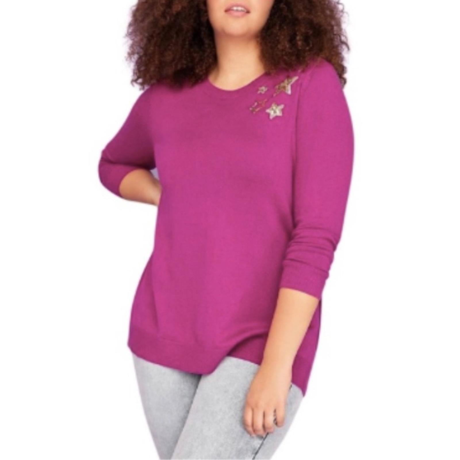 Lane Bryant Sequin Star Graphic Sweater in Fuchsia, Size 26/28 New w/Tag