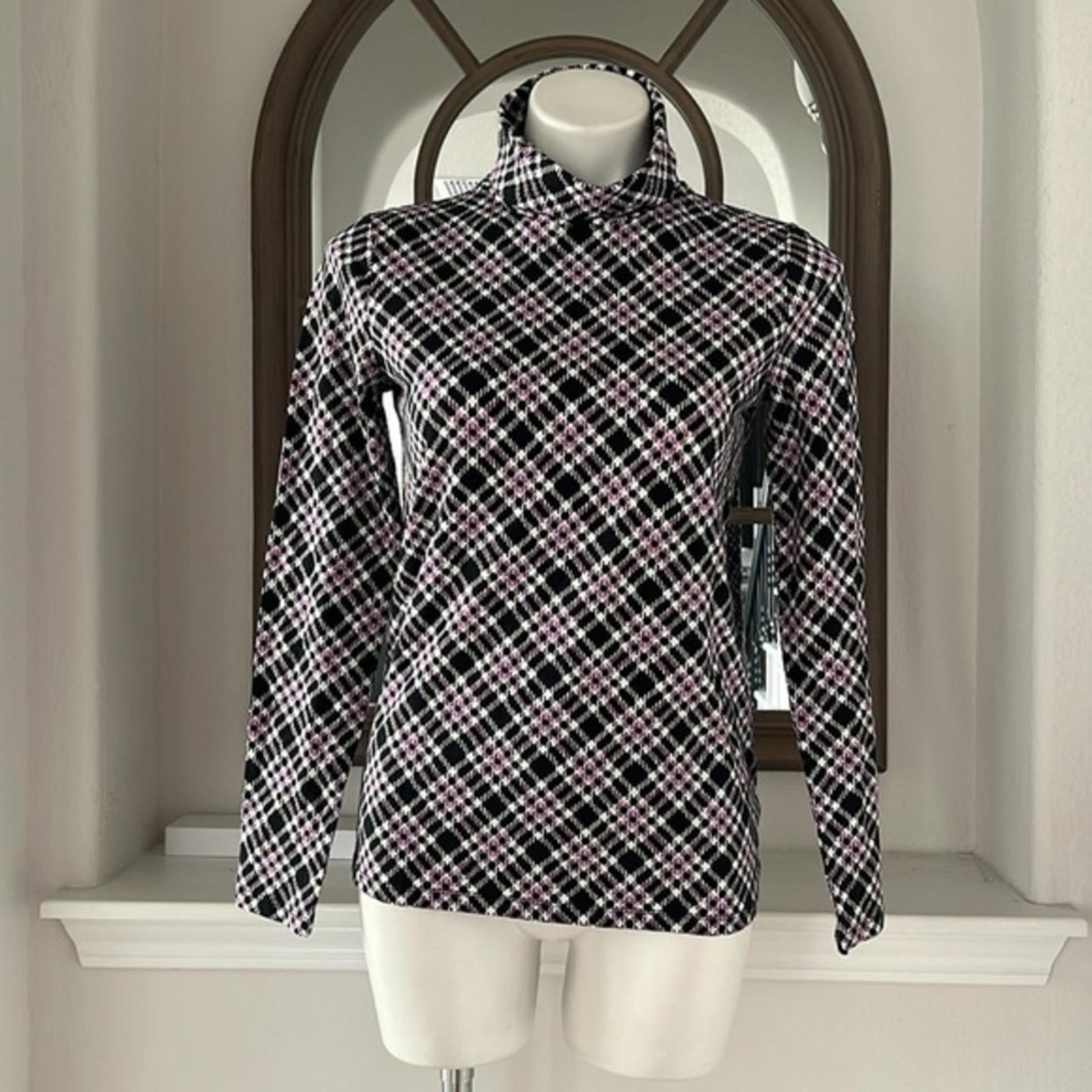NEW Talbots Cotton Turtleneck Bias Plaid Top Black/Purple Size S New w/o Tag