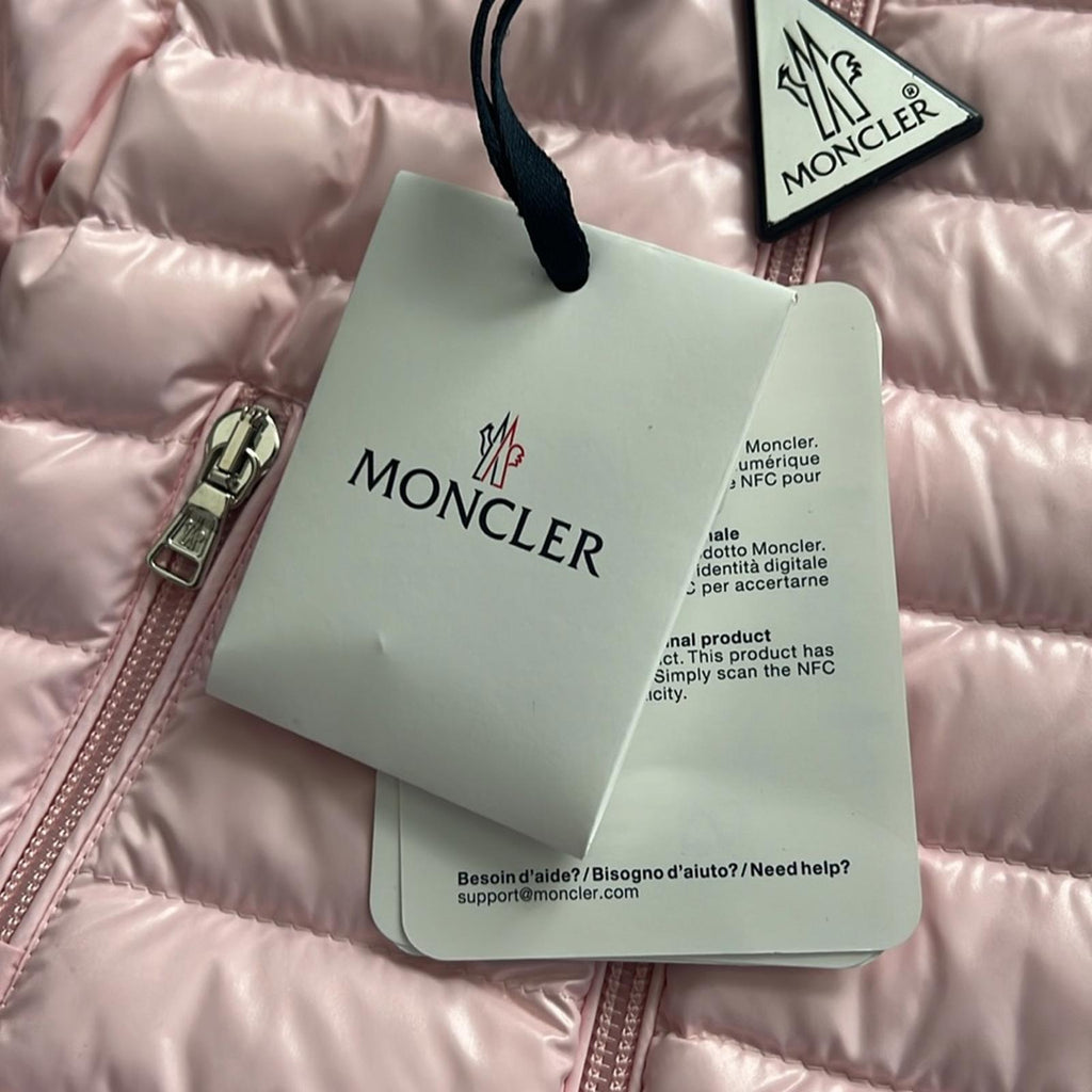 MONCLER Paulas Down Logo-Patch Sleeve Jacket, Pink Girl’s Size 6-9M New w/Tag