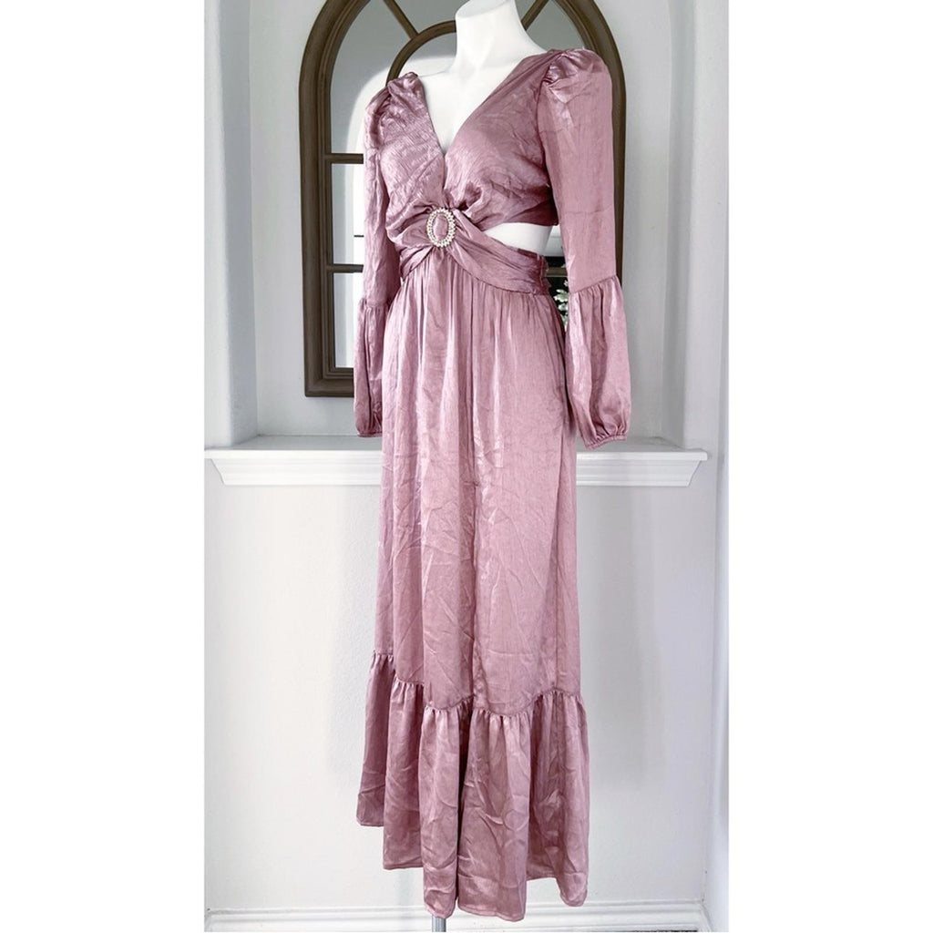 RAHI Luster "Leila" Midi Dress w/ Long Sleeve in Rose, Size S New w/Tag $186