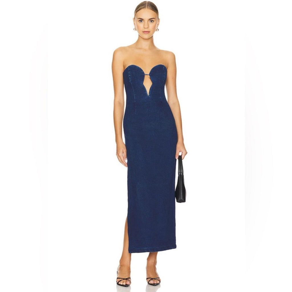 Bardot Eleni Denim Strapless Midi Dress in Dark Blue, Size EUR 36 US 4 UK 8, NEW