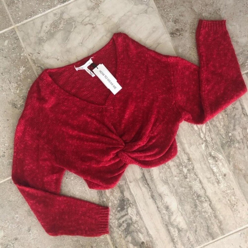 BCBG Twist Tie Sweater V-Neck Cropped in Red, Size XL New w/Tag