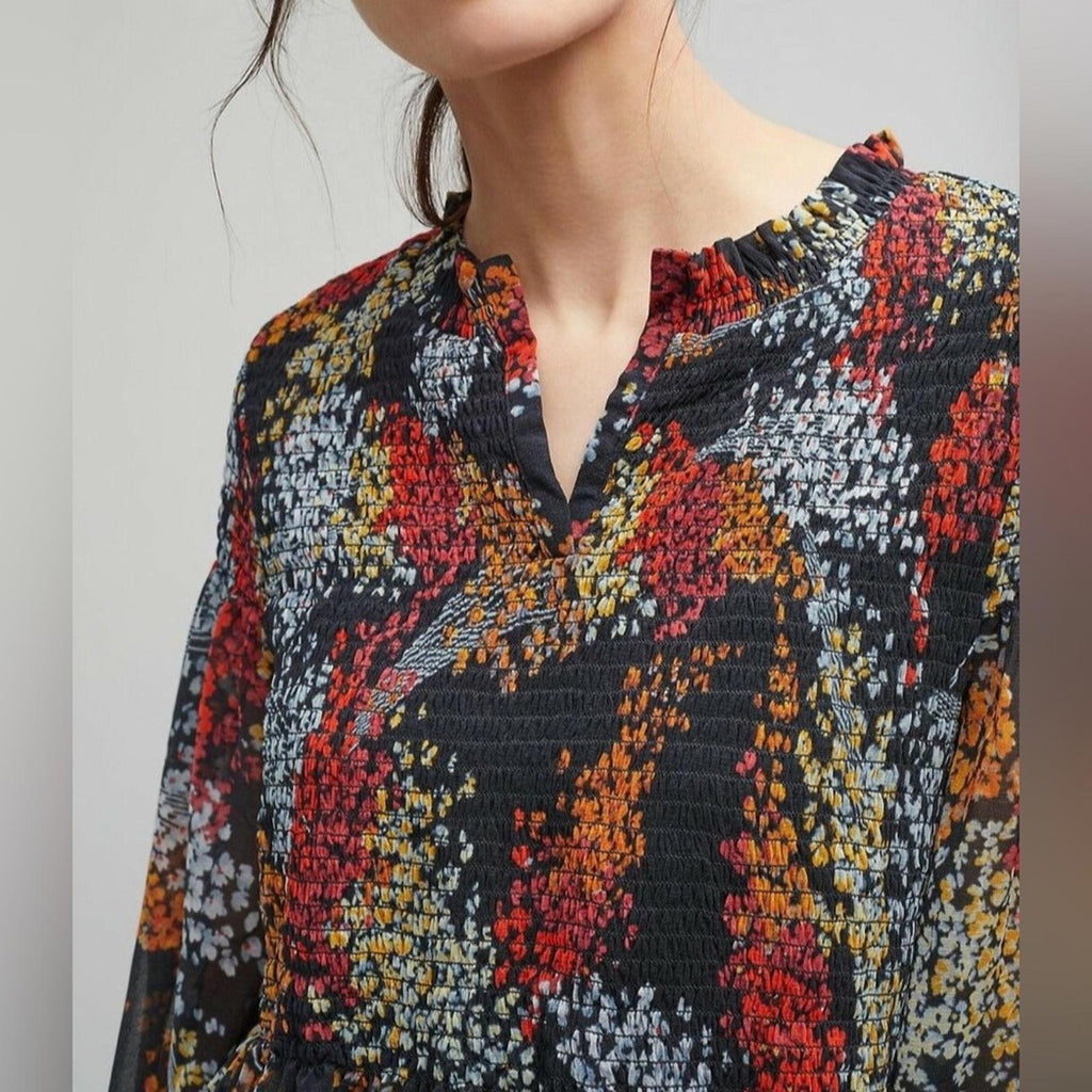 Anthropologie Akemi + Kin Balloon Sleeve Floral Chiffon Smocked Top Size S