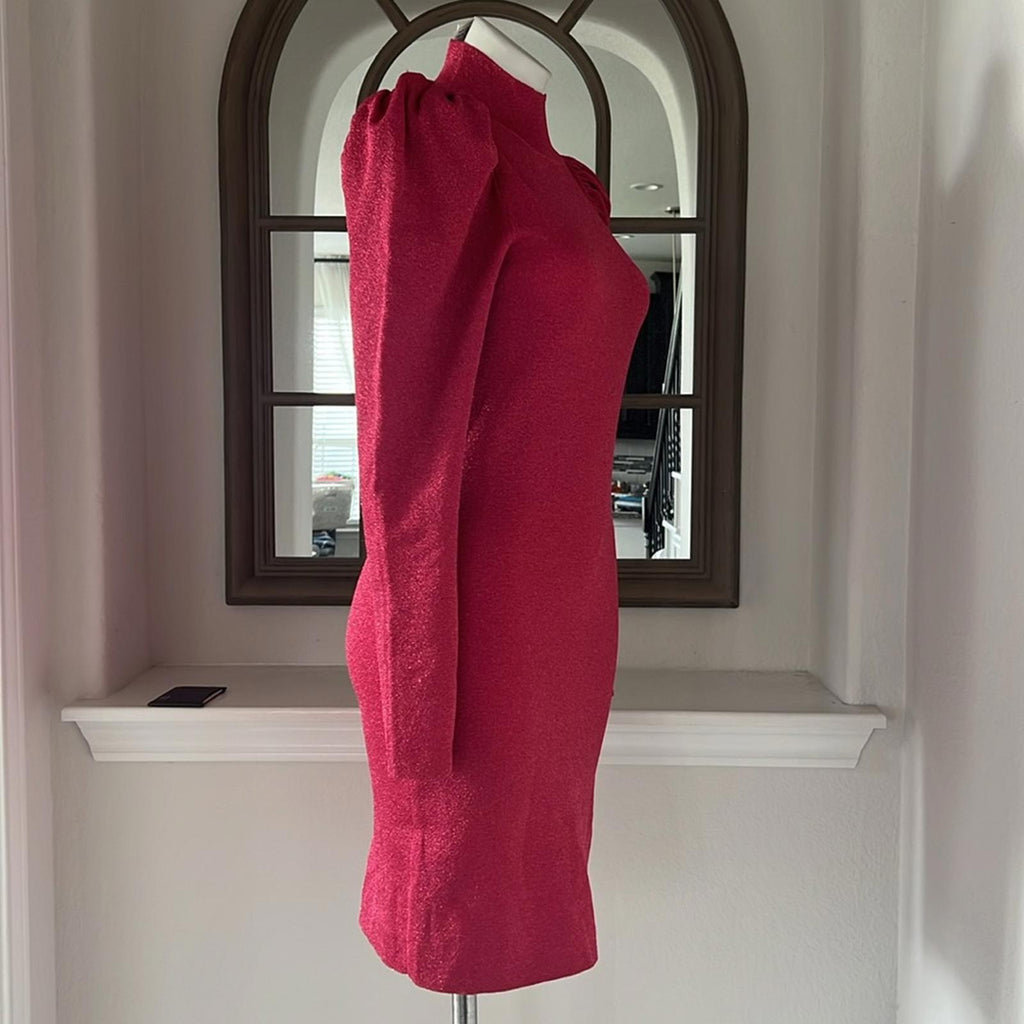 Alice+Olivia Issa Turtleneck Puff Sleeve Dress, Pink Metallic Size L NWT $395
