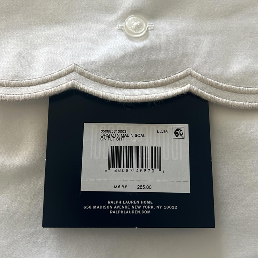 Ralph Lauren Malin Scallop Sateen Flat Sheet in White/Silver Trim, Queen NWT