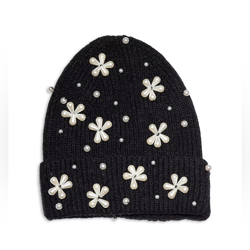 NWT Lele Sadoughi Pearl Snowflake Knit Beanie, Black New w/Tag Comes in Bag $175