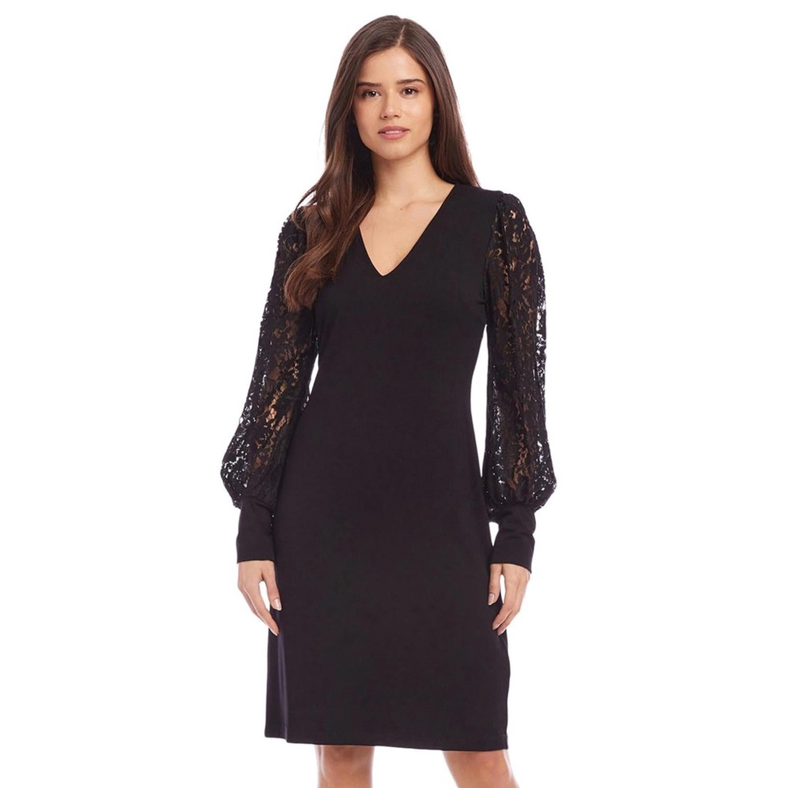 Karen Kane Lace V-Neck Midi Dress w/Lace Sleeves in Black, Size S New w/Tag $158