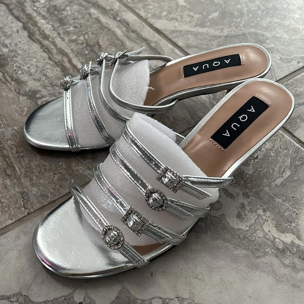 AQUA Luis Strappy Buckled Mid Heel Sandals in Silver, Size 8 NEW in Box