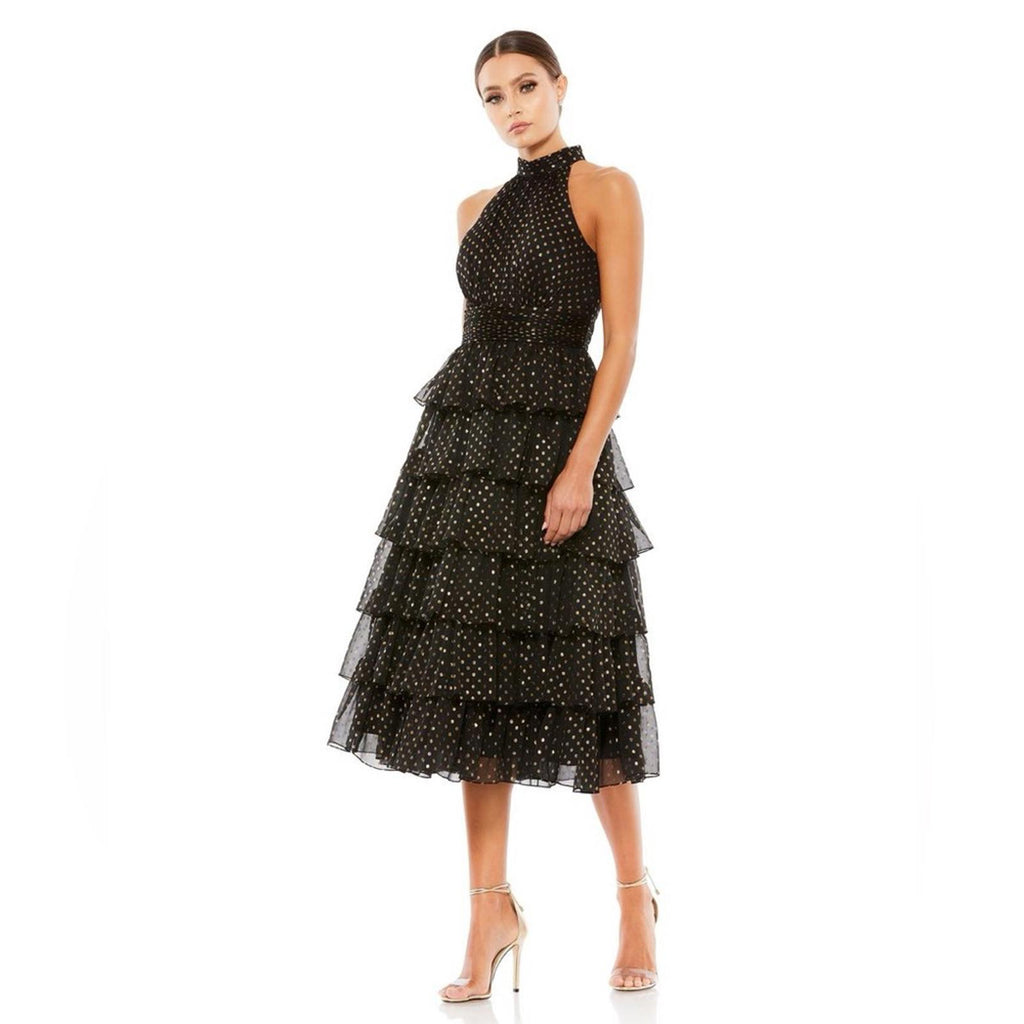 Mac Duggal Black Layered Polka Dot Cocktail Dress in Black/Gold, NWT, Size 8