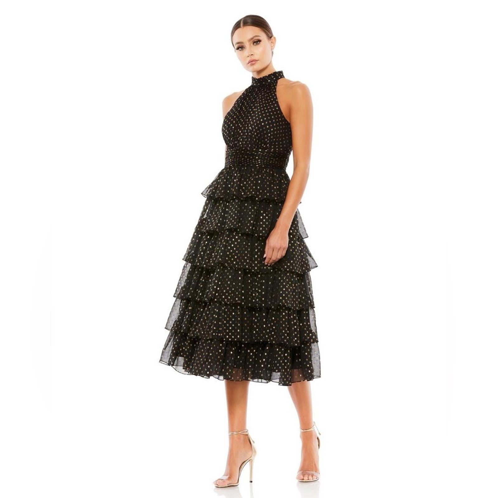 Mac Duggal Black Layered Polka Dot Cocktail Dress in Black/Gold, NWT, Size 8