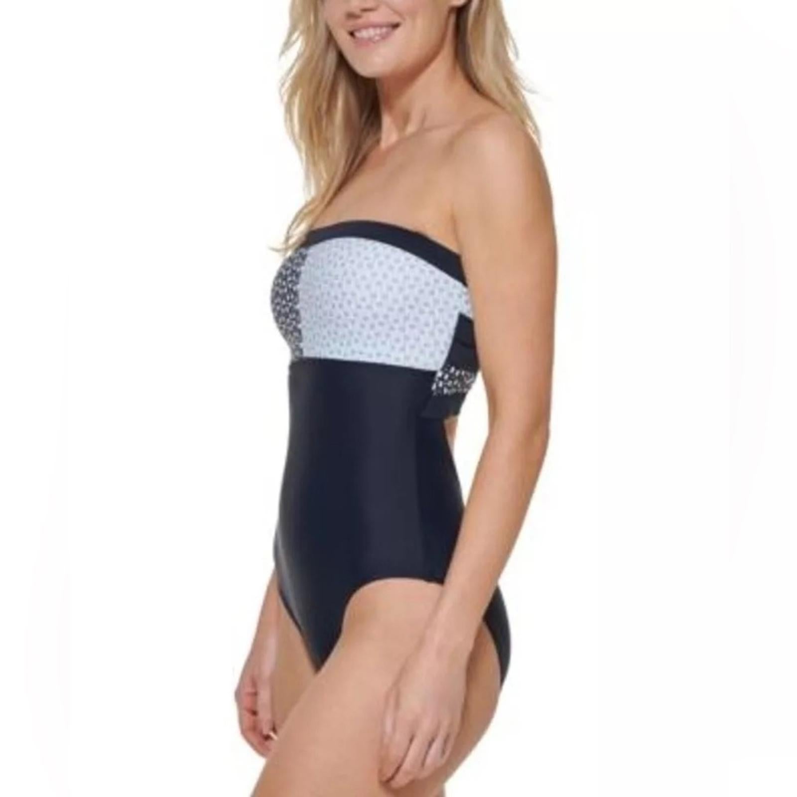 Tommy Hilfiger Iconic Bandeau One-Piece Swimsuit in Sky Captain Multi Size L NWT