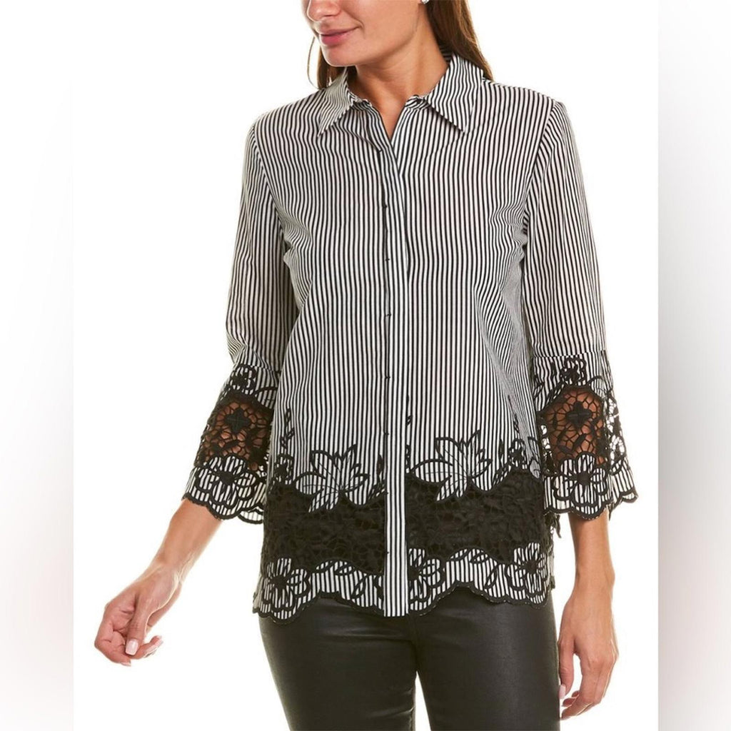 Ellie Tahari Clark Shirt Striped Lace Trim in Black & White New w/Tag $298
