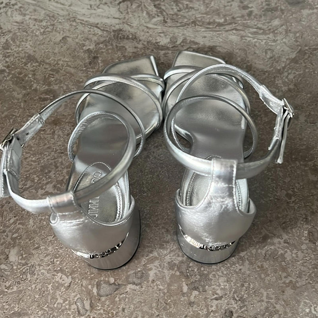 Jimmy Choo Rheea 65 Block Heel Sandals in Silver, Size 36 New in Box w/DustBag
