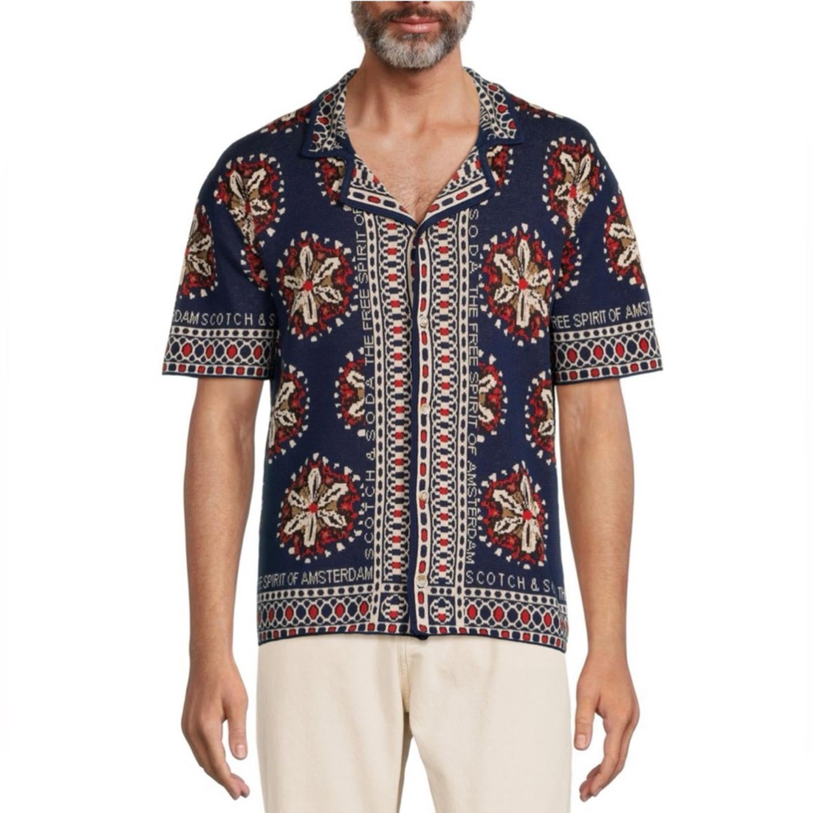Scotch & Soda Jacquard Short-Sleeve Camp Shirt Textured Pattern Size L New w/Tag