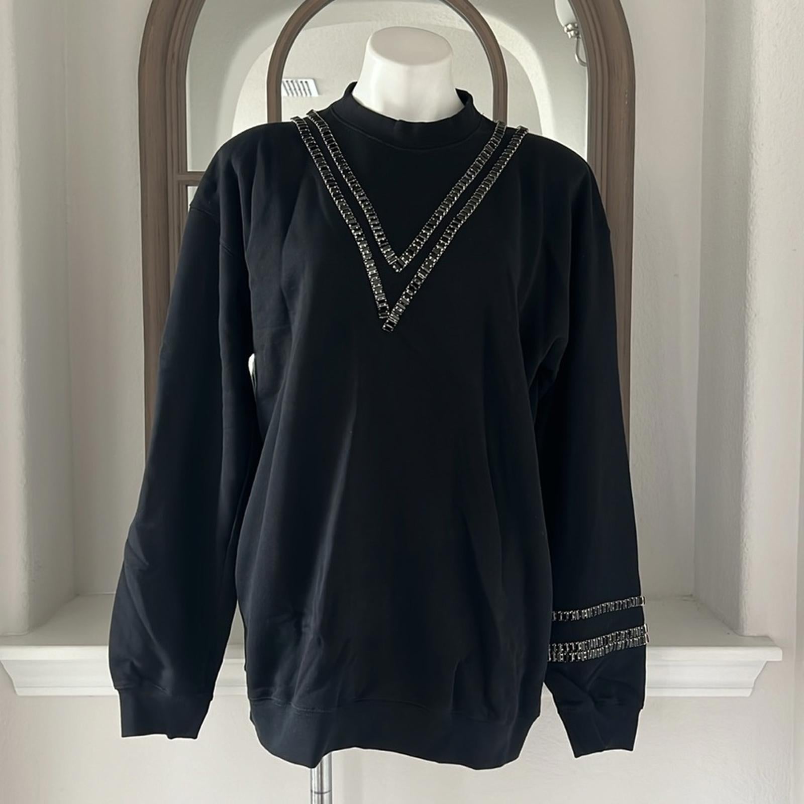 Collina Strada Baguette Crystal Trim Cotton Sweatshirt Tennis Crew Size M NEW