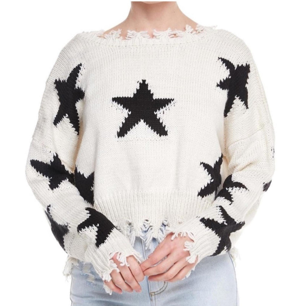 STORIA Oversized Distressed Star Sweater with V-Neck Back, Size S EXCELLENT!