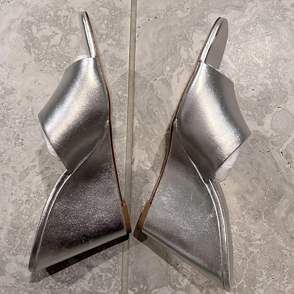 Larroude Jackie Wedge Heel Slide Sandals in Metallic Silver Size9.5 New +DustBag