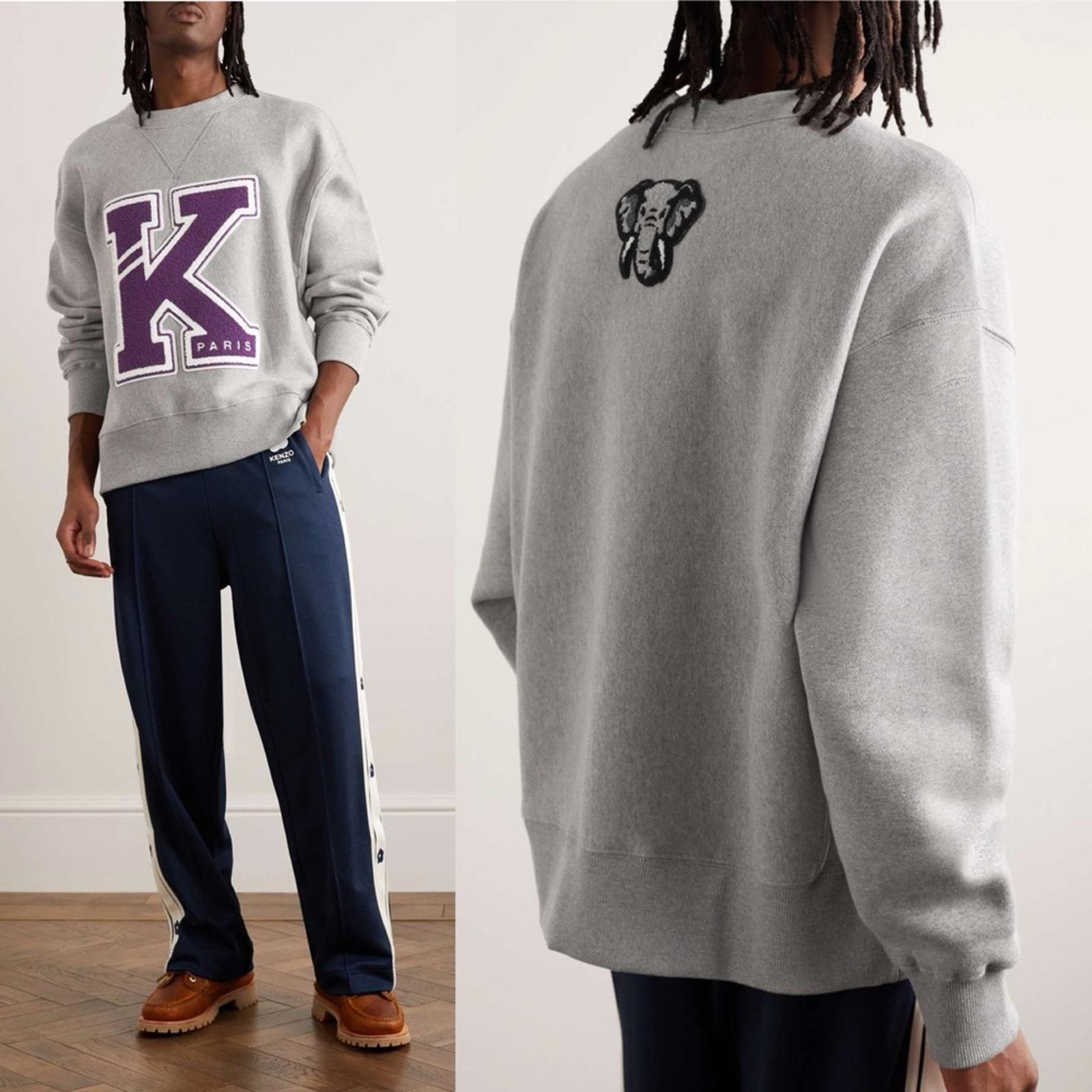 Kenzo Logo-Appliquéd Cotton-Jersey Sweatshirt in Pearl Gray, NWT, Size L