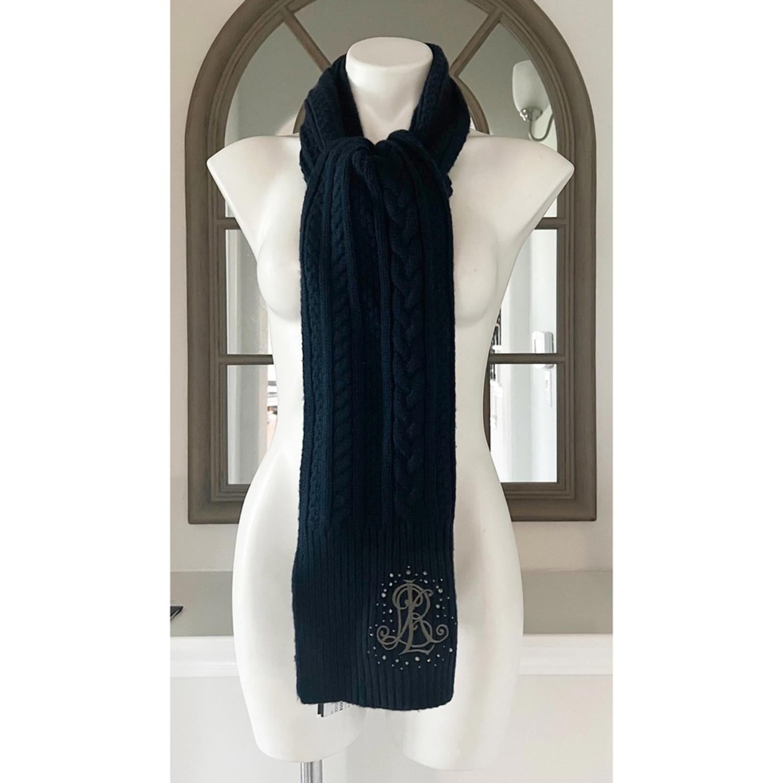 Ralph Lauren Stone Logo Cable Knit Scarf in Navy, New w/Tag