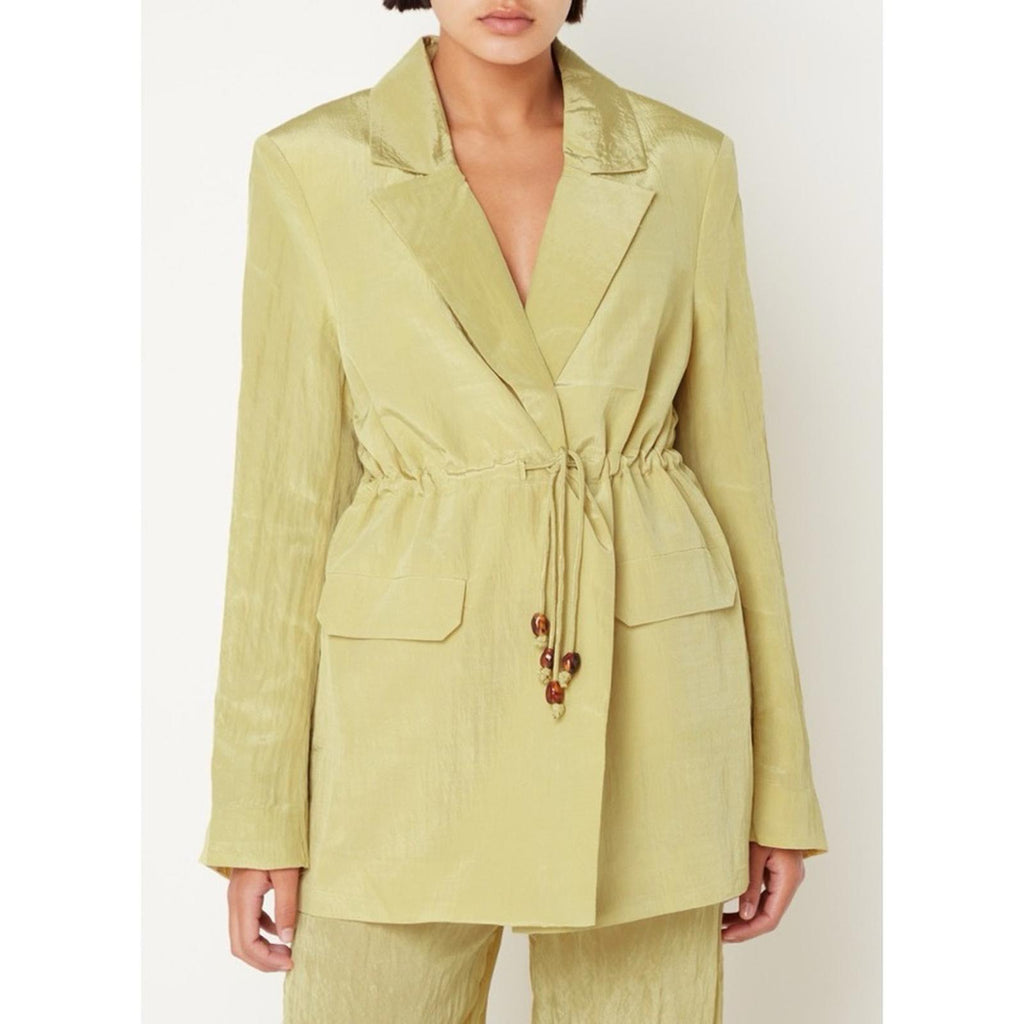 Ganni Bead-Embellished Crinkled Shell Shiny Blazer, Leek Green, Size 46 New wTag