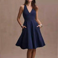 NEW Dress the Population Catalina Plunging V-Neck Dress, Midnight Blue Size L